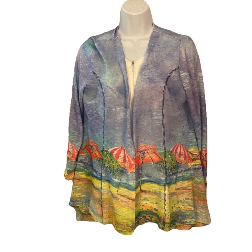 Leoma Lovegrove Open Front Cardigan Sweater Sz Med Artsy Beachy Colorful EUC